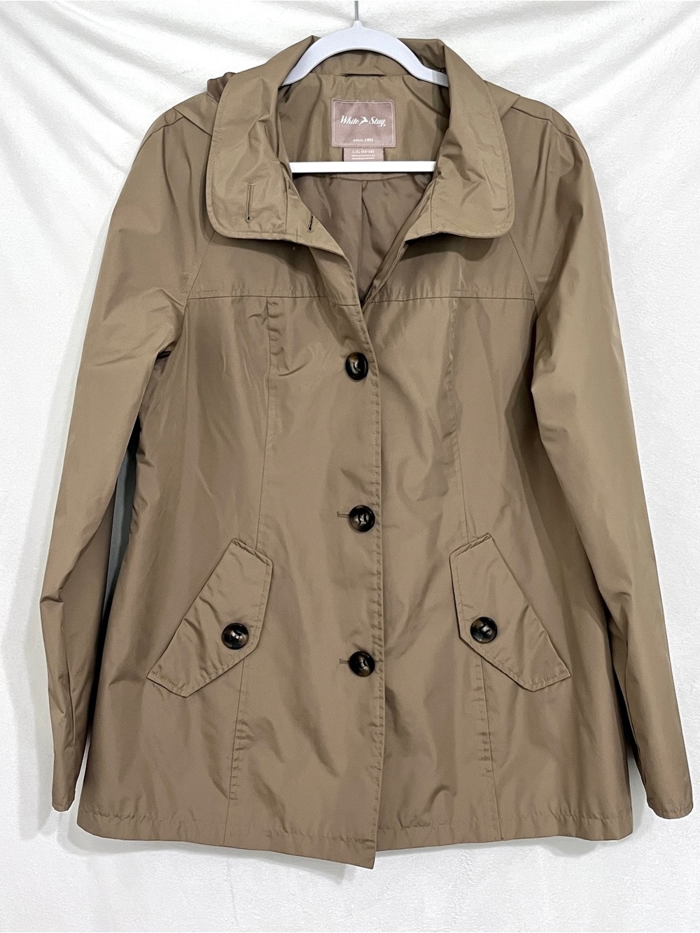 White Stag Khaki Brown Button Front Rain Jacket Hooded Trench Coat Large